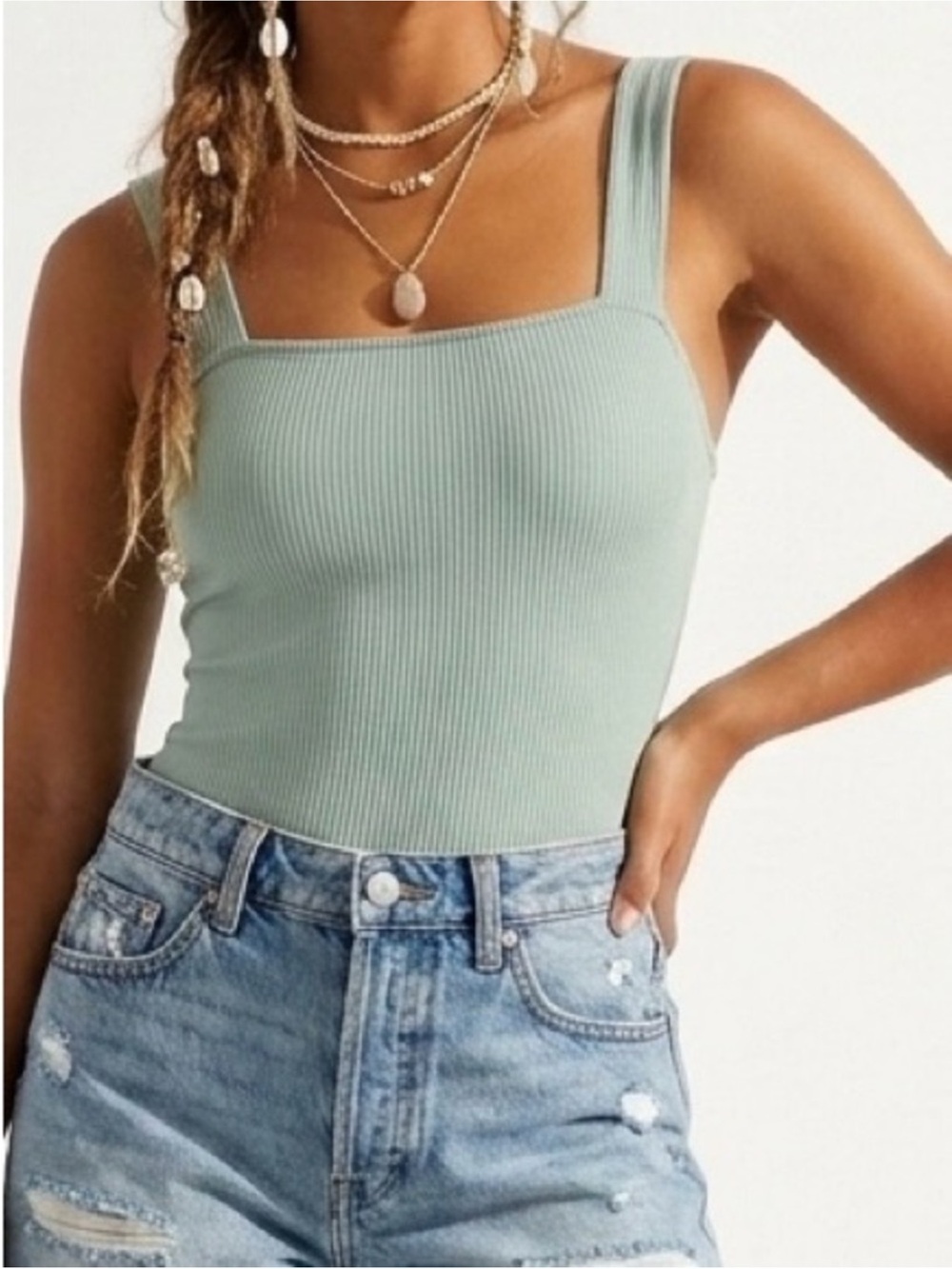 American Eagle Outfitters Light Sage Ribbed Tank Bodysuit